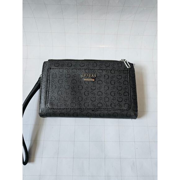 Guess Black Logo Wallet Wristlet Purse Zip Around Snap Closure Embossed - Picture 1 of 6